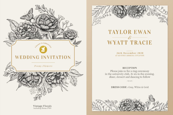 Peony Vintage Wedding Invitation Design